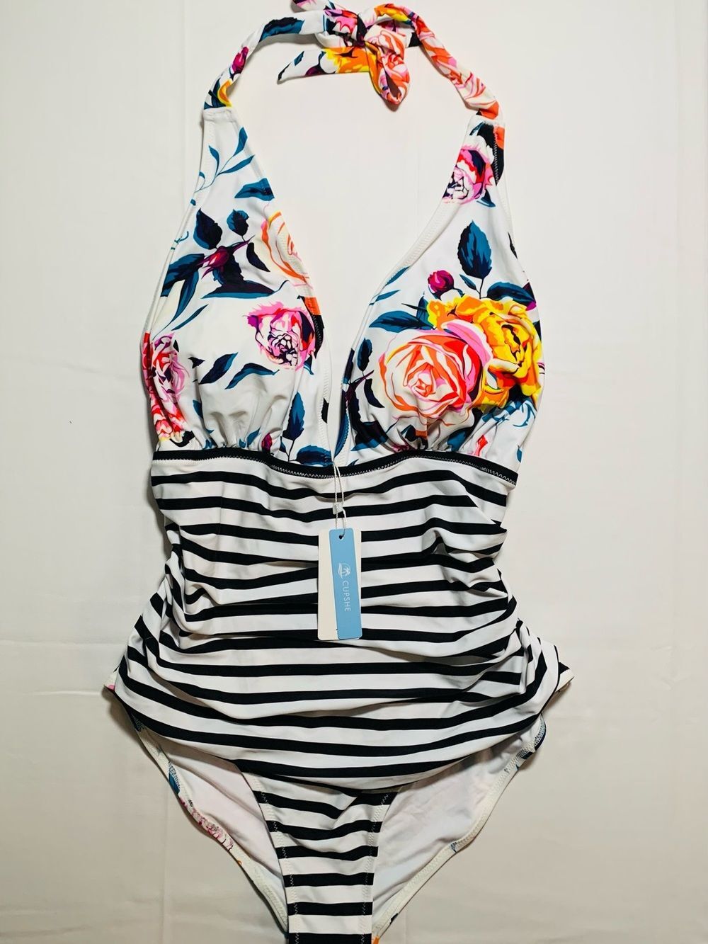 Cupshe Bold Floral & Stripe Halter Ruched One-Piece Swimsuit NWT- 1X